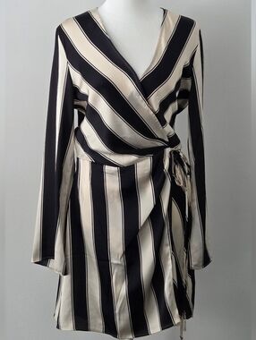 H&M Black and Cream Striped Wrap Dress